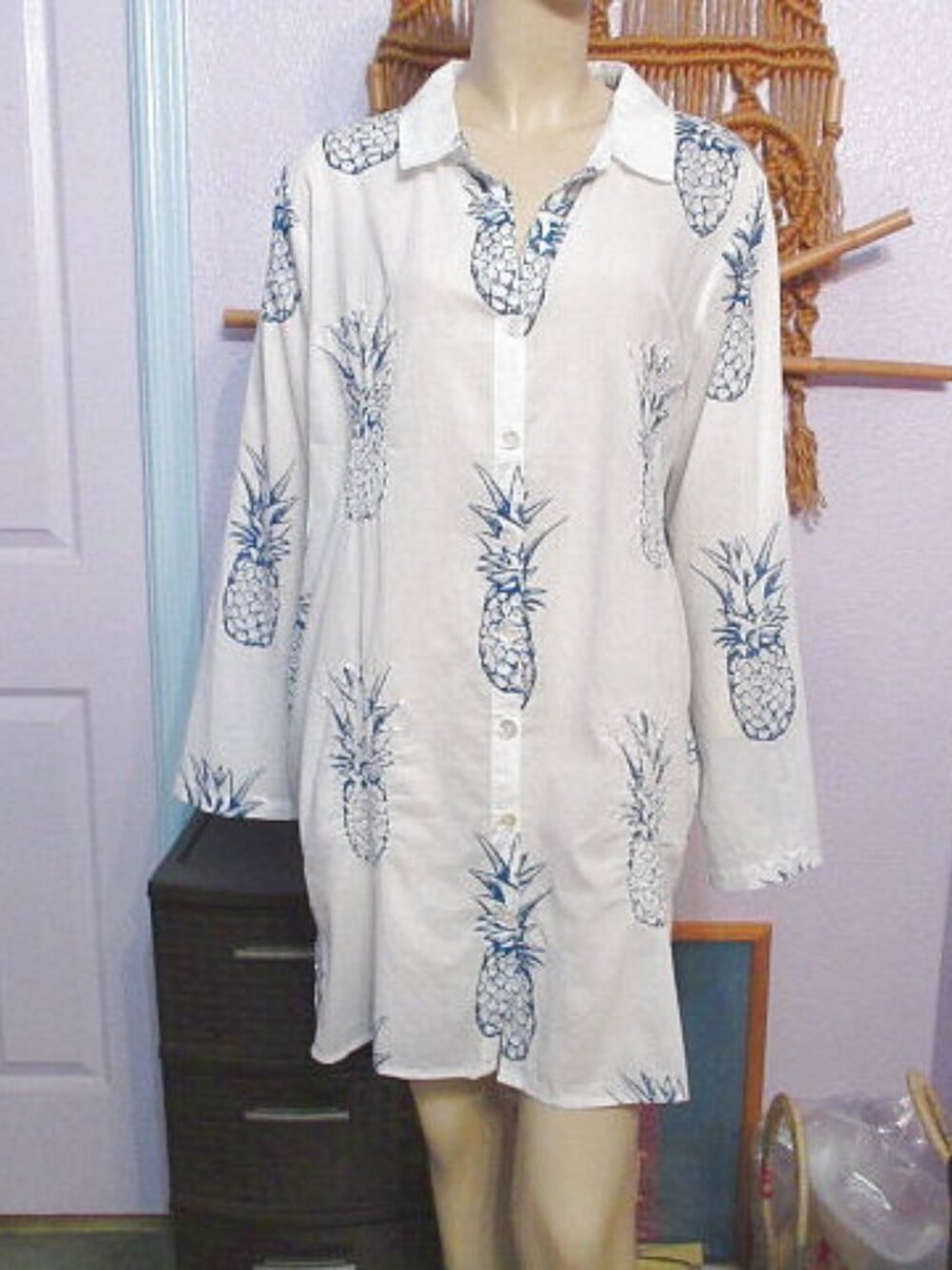Blue Island Button Up Shirt Dress XL Pockets Pineapple Cotton Oversized Beach